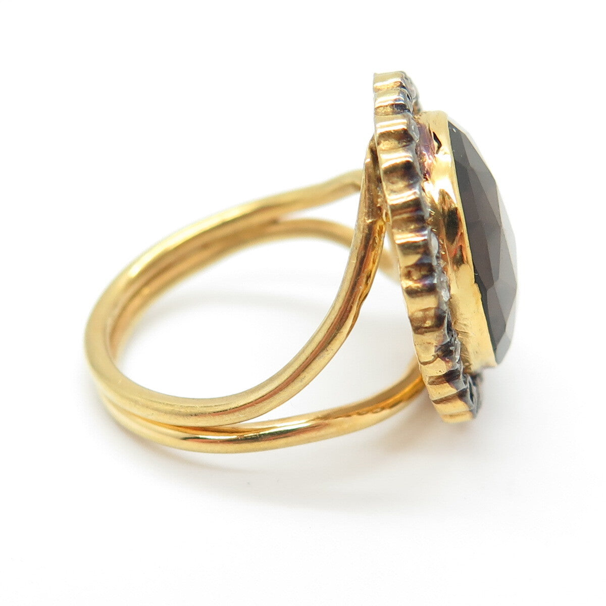 925 Sterling Silver Gold Plated Vintage Real Smoky Quartz & C Z Ring Size 6.5