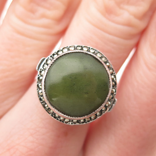 925 Sterling Silver Vintage 1991 Ireland Real Jade & Marcasite Ring Size 7.75