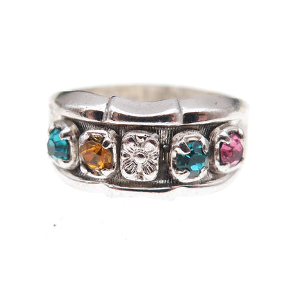 Vargas Sterling Silver Antique Art Deco Multi-Color Rhinestone Ring Size 7.75