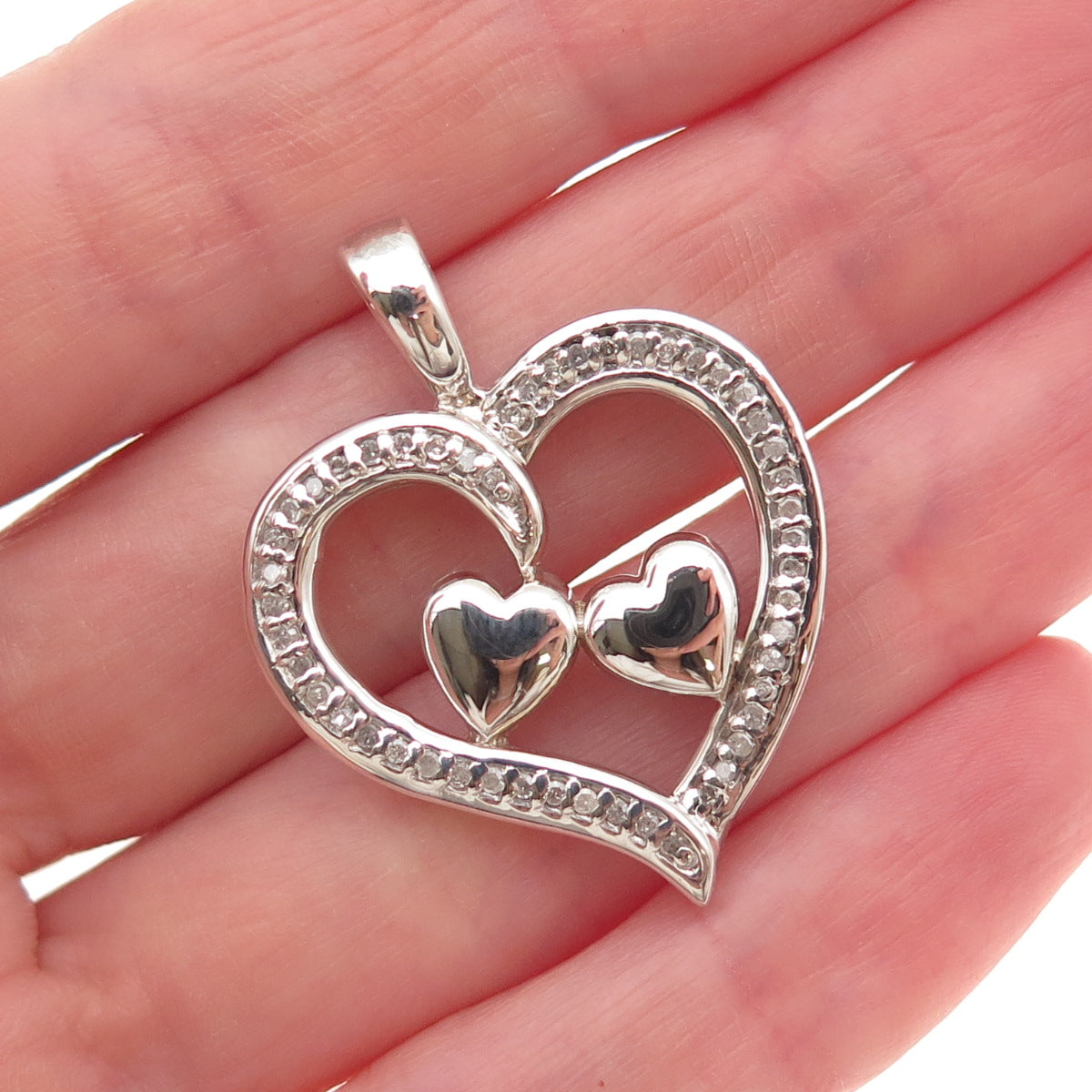 925 Sterling Silver Real Round-Cut Diamond Couple Heart Charm Pendant