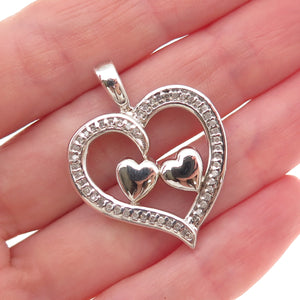925 Sterling Silver Real Round-Cut Diamond Couple Heart Charm Pendant