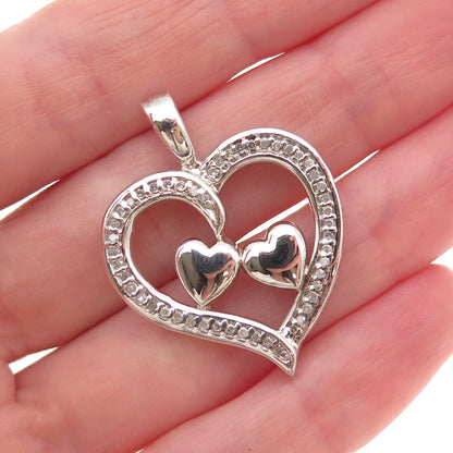 925 Sterling Silver Real Round-Cut Diamond Couple Heart Charm Pendant
