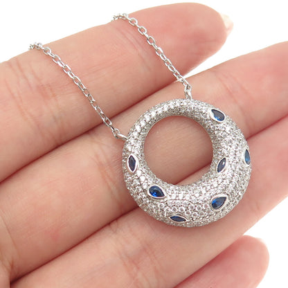 925 Sterling Silver Multi-Cut Blue & White C Z Crescent Chain Necklace 16-18"