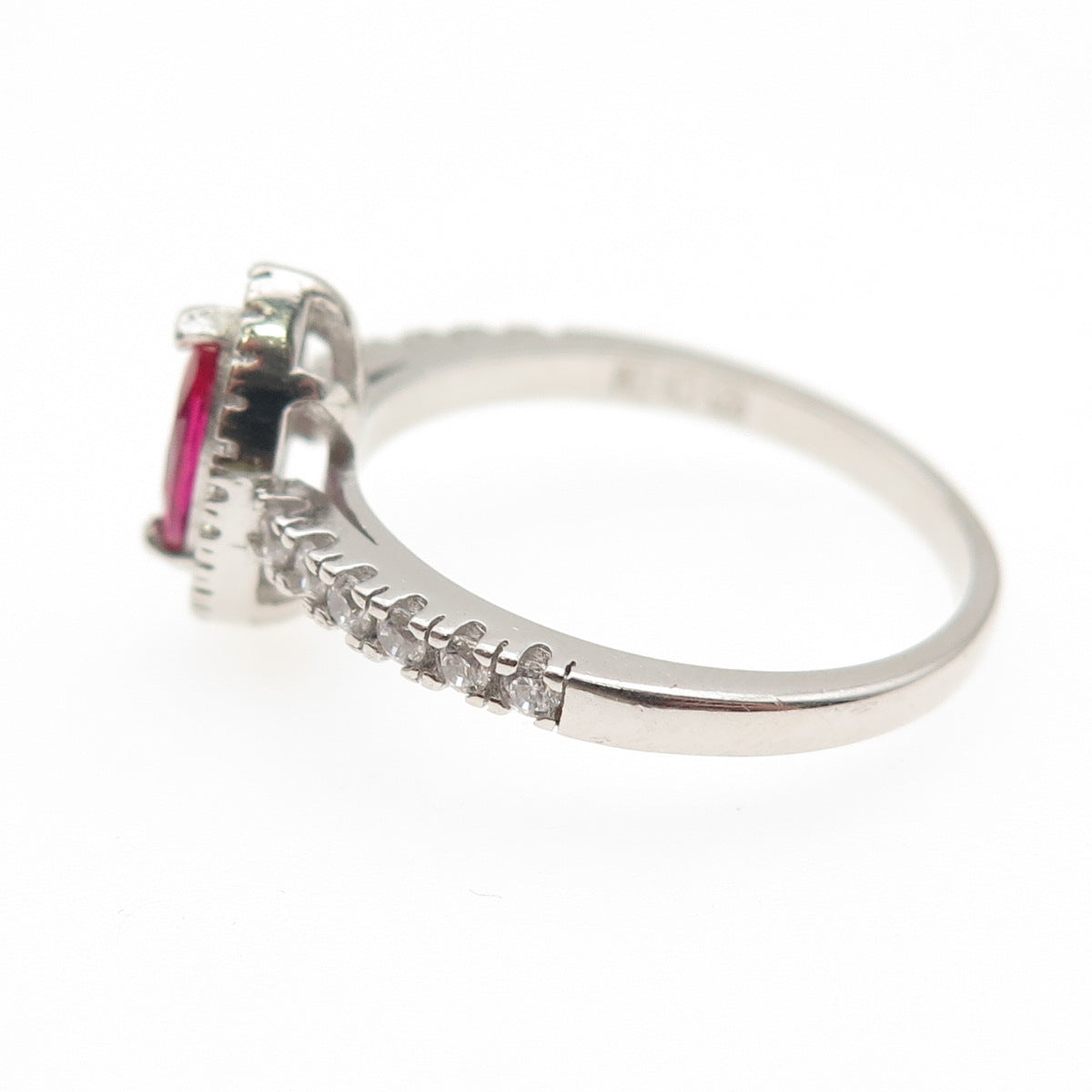 925 Sterling Silver Vintage Marquise-Cut Lab-Created Ruby & C Z Ring Size 9