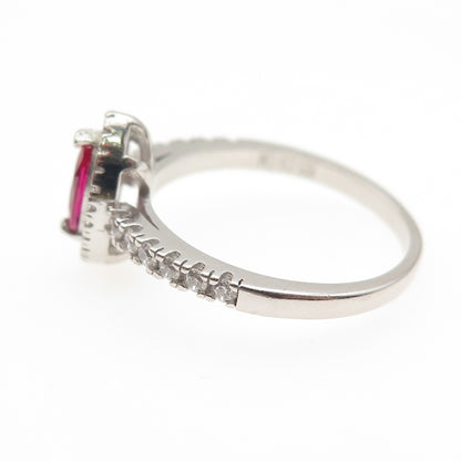 925 Sterling Silver Vintage Marquise-Cut Lab-Created Ruby & C Z Ring Size 9
