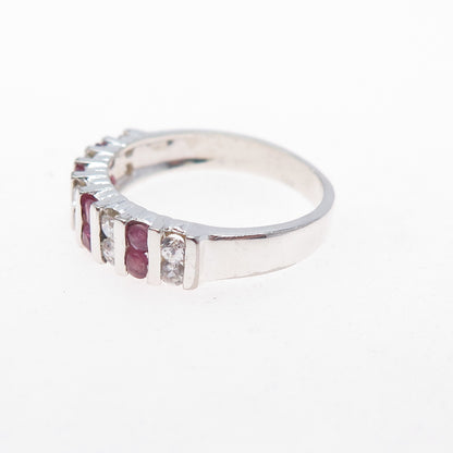 925 Sterling Silver Vintage Real Round-Cut Ruby & C Z Ring Size 5.75