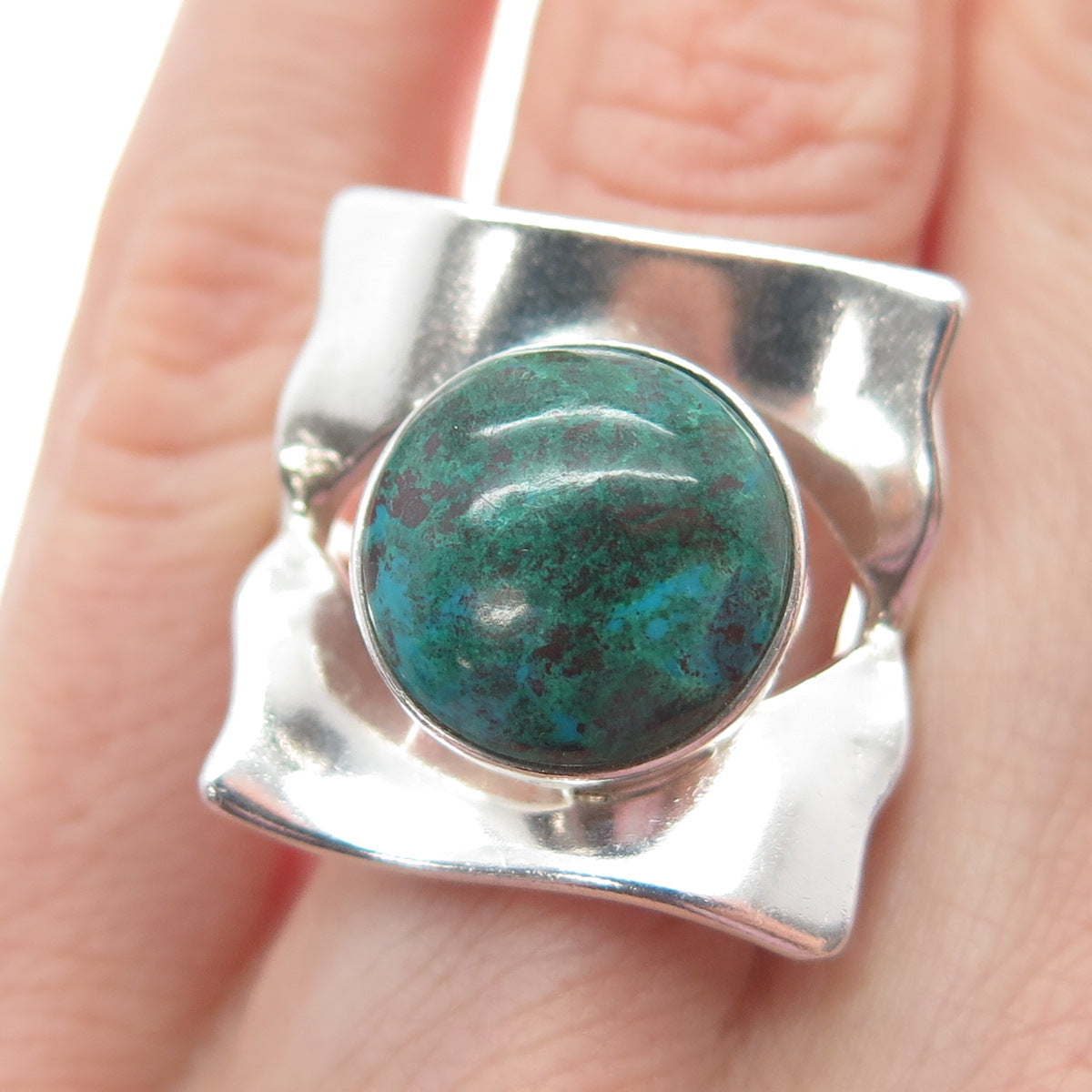 950 Silver Vintage Real Chrysocolla Gemstone Modernist Ring Size 4.75