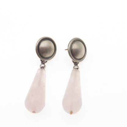 925 Sterling Silver 14K Gold Posts Vintage Real Rose Quartz Dangle Earrings