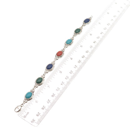 Coleman Co. 925 Sterling Silver Vintage Real Multi-Gem Inlay Bracelet 6.75"