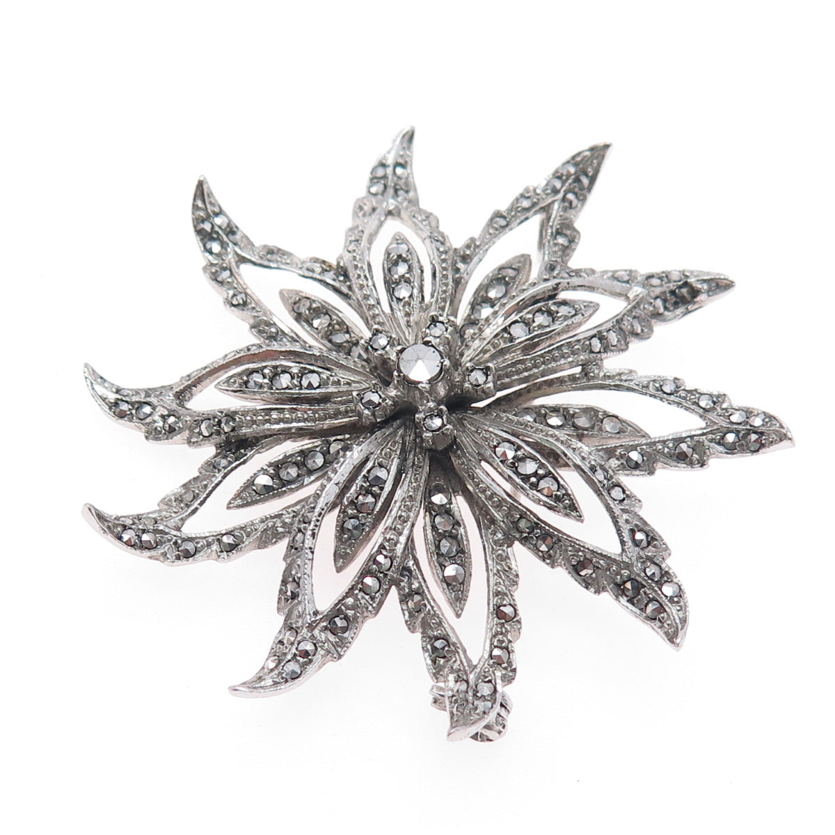 925 Sterling Silver Antique Art Deco Real Marcasite Flower Pin Brooch
