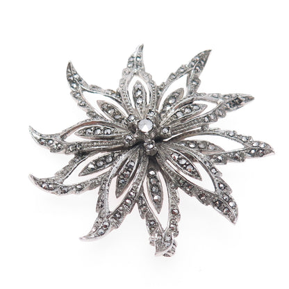 925 Sterling Silver Antique Art Deco Real Marcasite Flower Pin Brooch