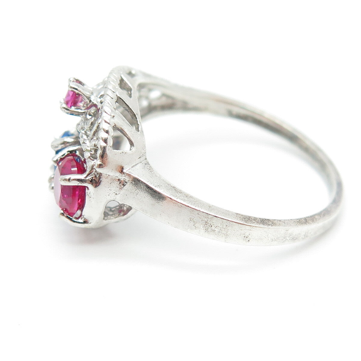 925 Sterling Silver Vintage Lab-Created Pink Sapphire & Blue C Z Ring Size 9