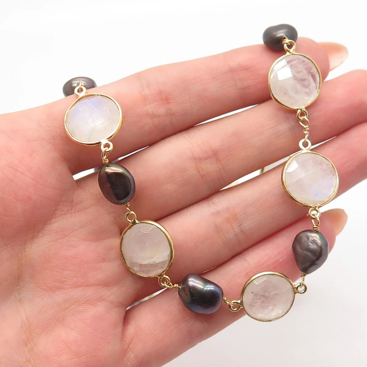 925 Sterling Silver Gold Plated Vintage MLD Pearl & Moonstone Gem Necklace 32"