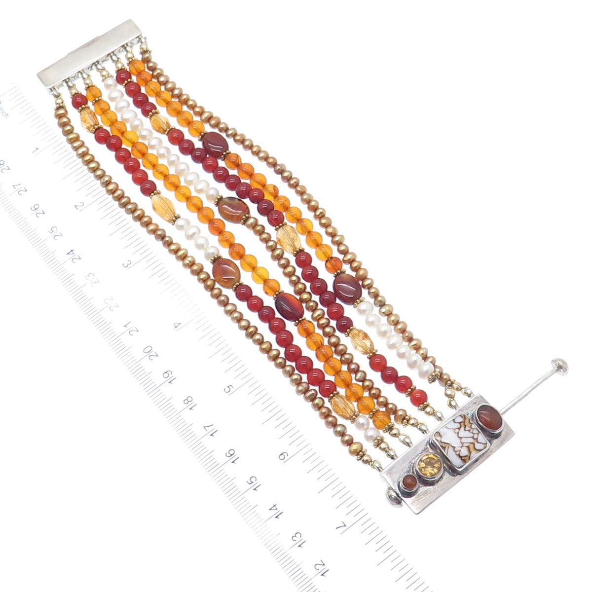 925 Sterling Vintage Jasper Pearl Citrine Carnelian Amber Beaded Bracelet 6.5"