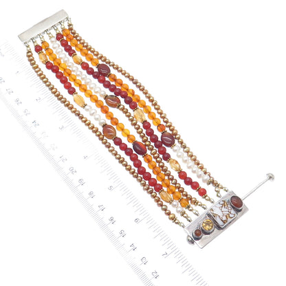 925 Sterling Vintage Jasper Pearl Citrine Carnelian Amber Beaded Bracelet 6.5"