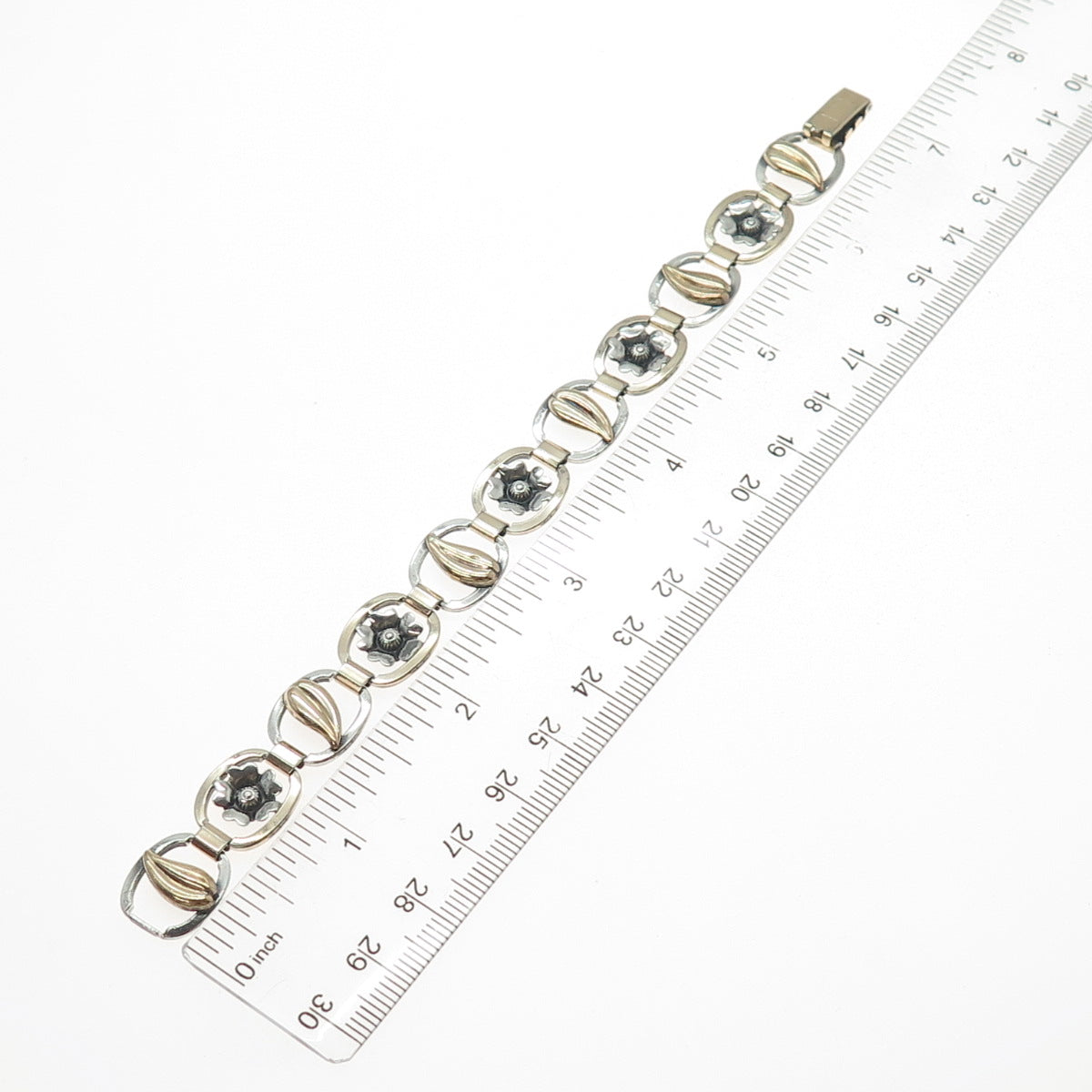 925 Sterling Silver 1/20 10K Gold Filled Antique Art Deco Flower Bracelet 7"