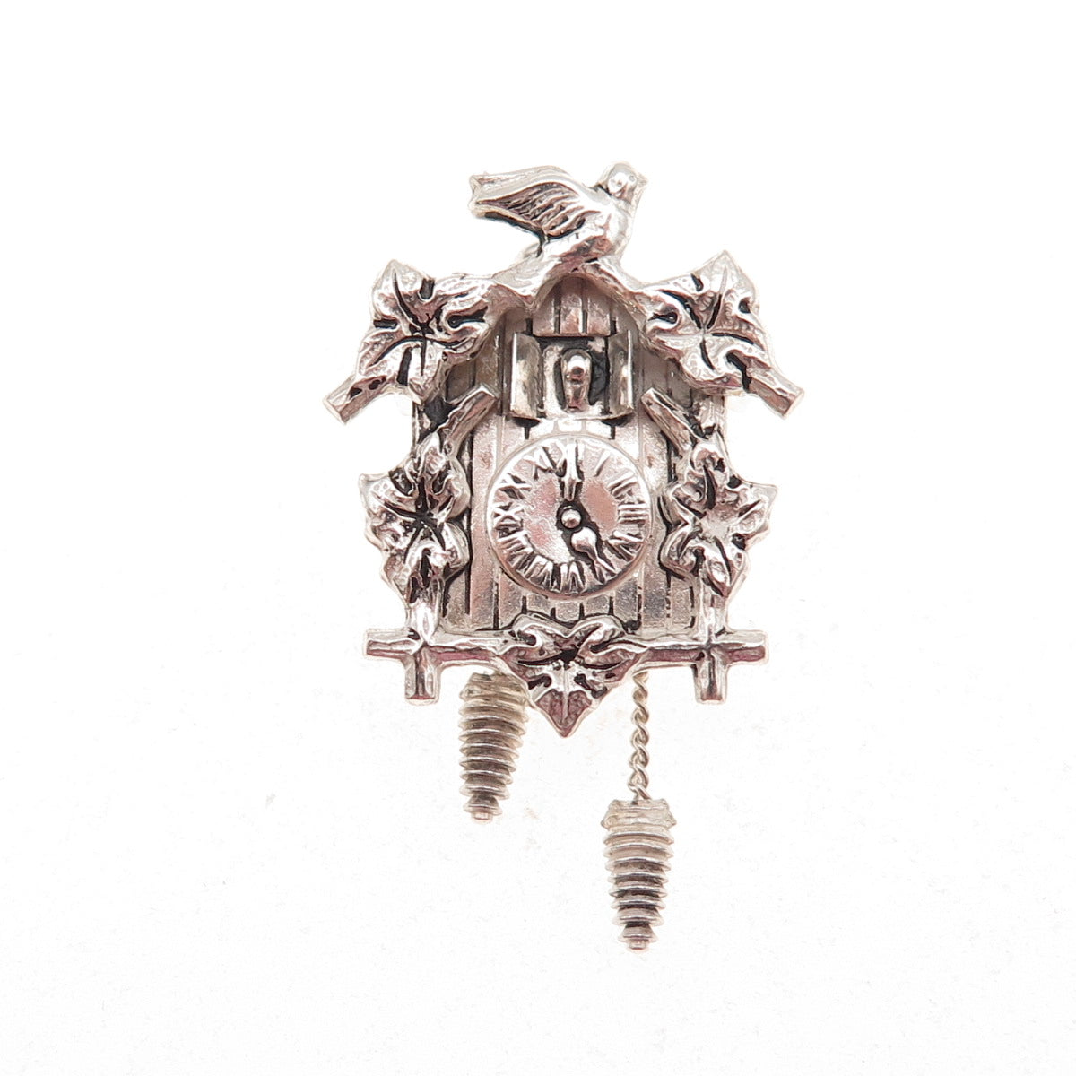 800 Silver Antique Art Deco Cuckoo Clock Oxidized 3D Charm Pendant