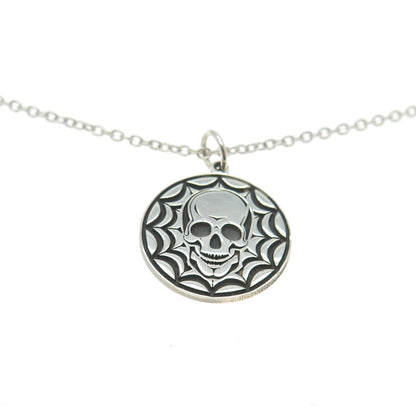 925 Sterling Silver Skull Spider Web Round Pendant Cable Chain Necklace 18"