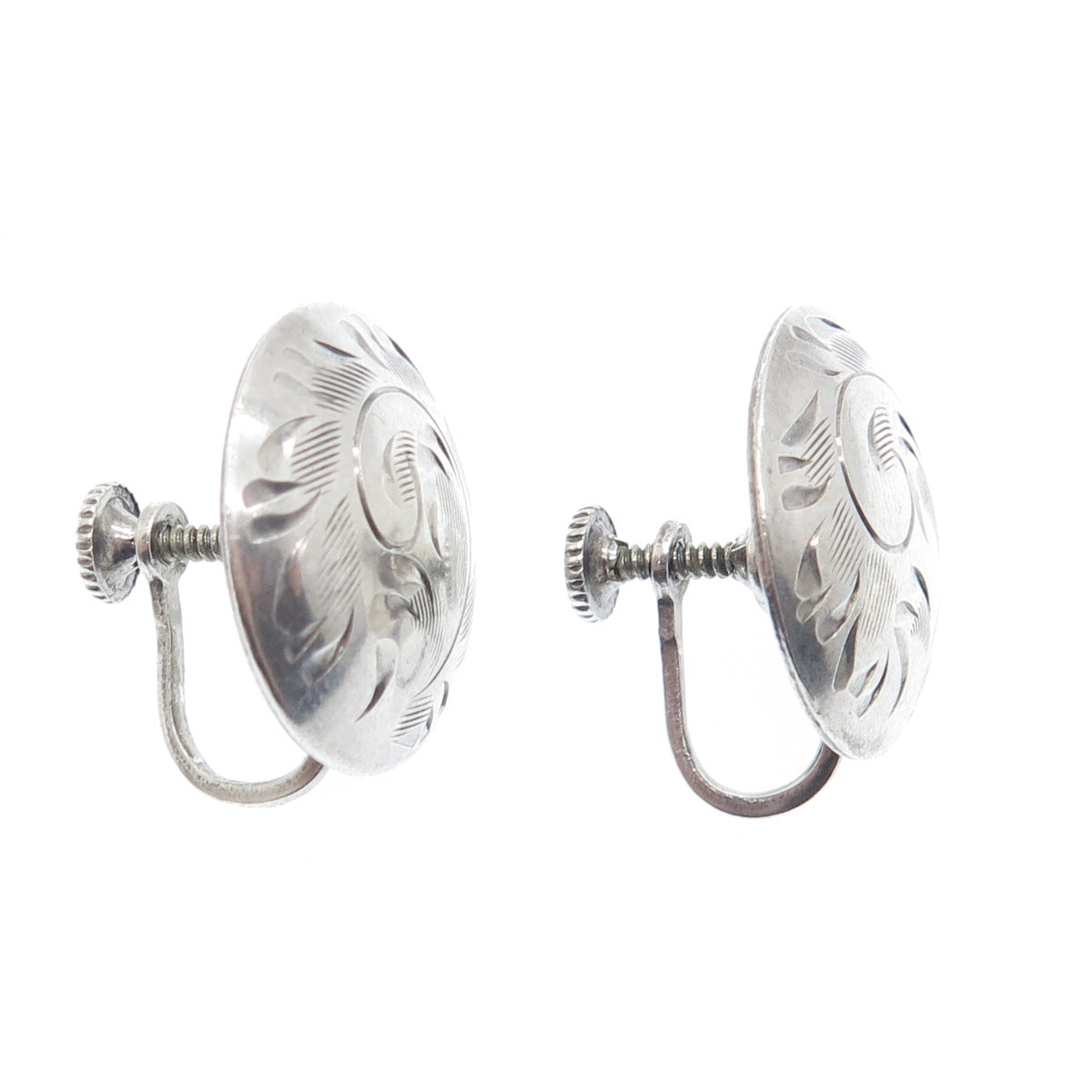 925 Sterling Silver Antique Art Deco Engraved Screw Back Earrings