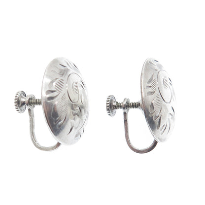 925 Sterling Silver Antique Art Deco Engraved Screw Back Earrings