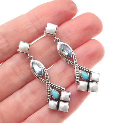 Nicky Butler 925 Sterling Silver Vintage Real Blue Topaz Turquoise MOP Earrings