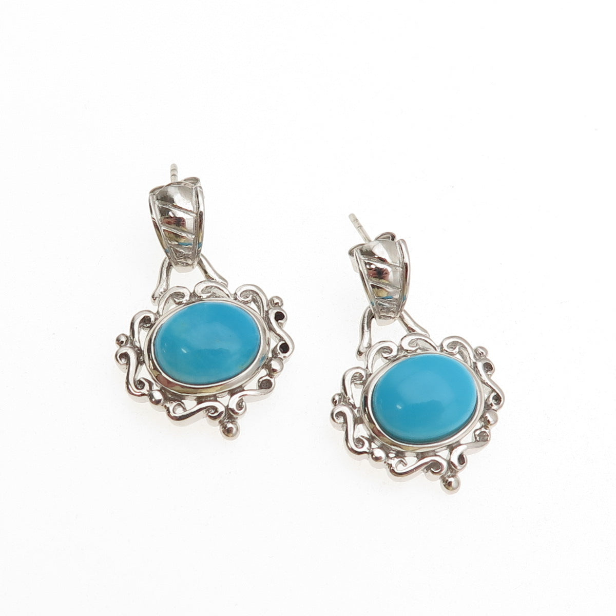 Chapal Zenray 925 Sterling Silver Real Turquoise Ornate Dangle Earrings