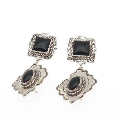Old Pawn 925 Sterling Silver Vintage Southwestern Black Onyx Dangle Earrings