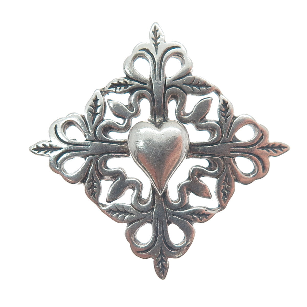 HAND & HAMMER 925 Sterling Silver Vintage Floral Heart Oxidized Pin Brooch