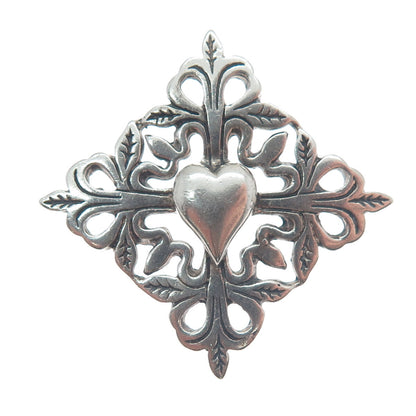 HAND & HAMMER 925 Sterling Silver Vintage Floral Heart Oxidized Pin Brooch