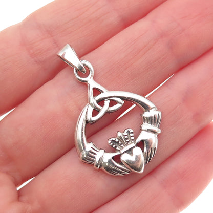 925 Sterling Silver Vintage Irish Claddagh Oxidized Charm Pendant