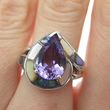 WHITNEY KELLY Sterling Vintage Real Amethyst Abalone Shell & MOP Ring Size 6.25