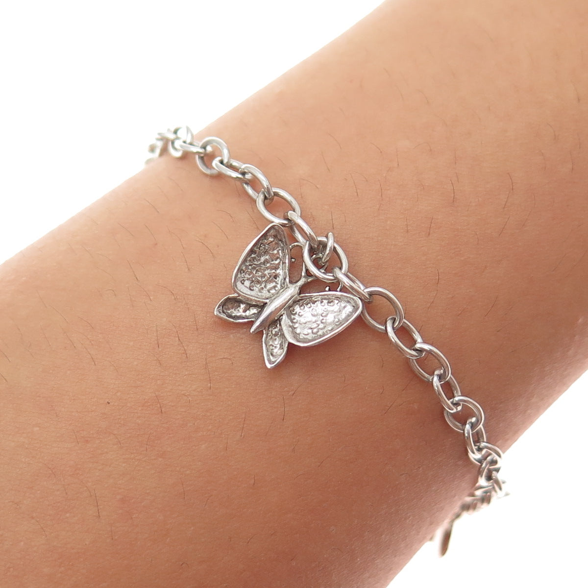925 Sterling Silver Vintage Butterfly Charm Cable Link Bracelet 7"