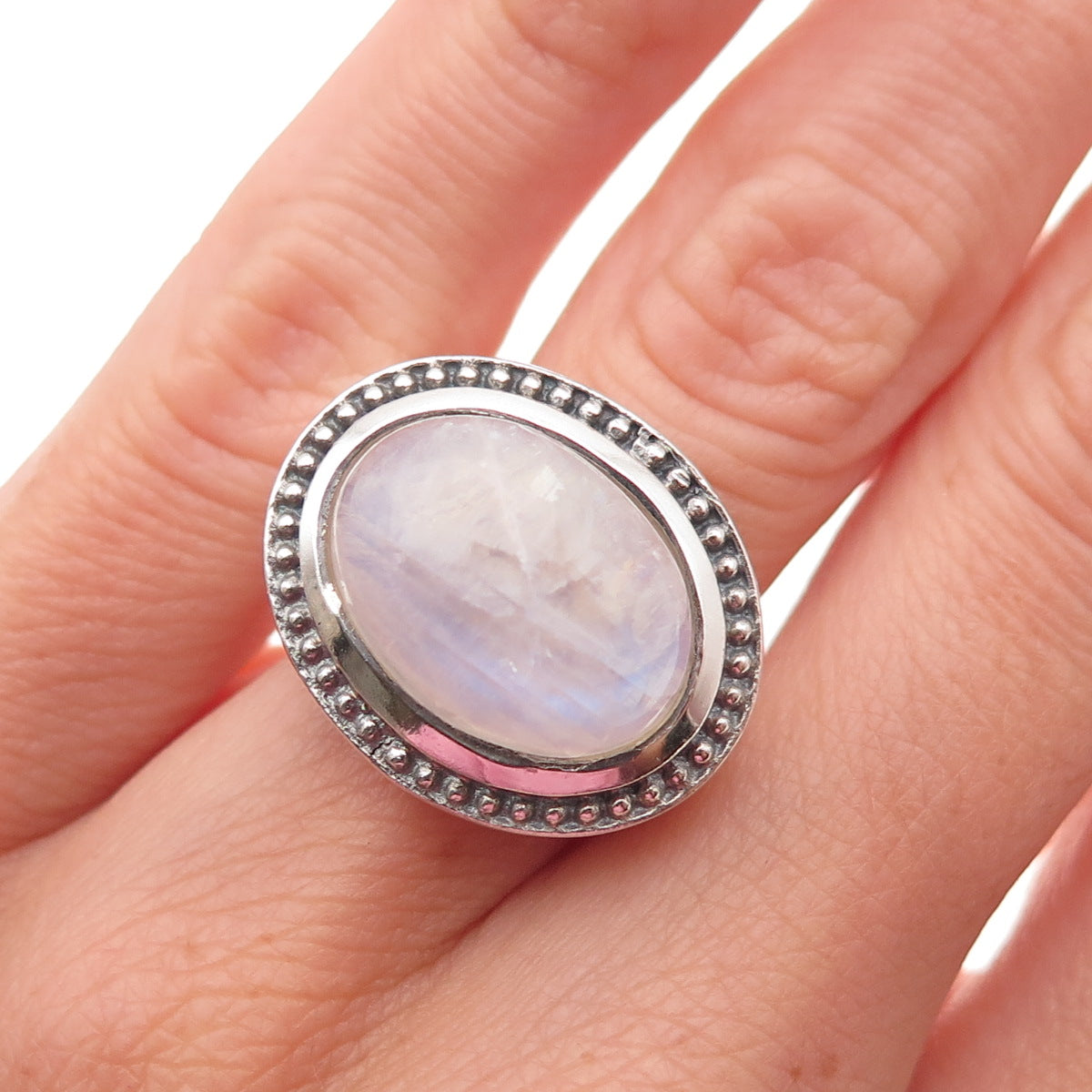 925 Sterling Silver Vintage Real Moonstone Modernist Oxidized Ring Size 5.25