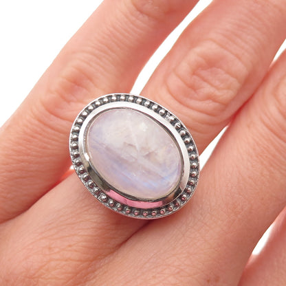 925 Sterling Silver Vintage Real Moonstone Modernist Oxidized Ring Size 5.25
