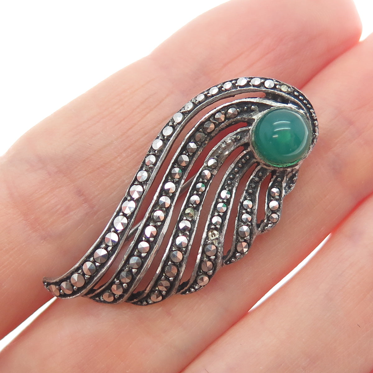 925 Sterling Antique Green Onyx & Marcasite Angel Wing Brooch (missing 1 stone)