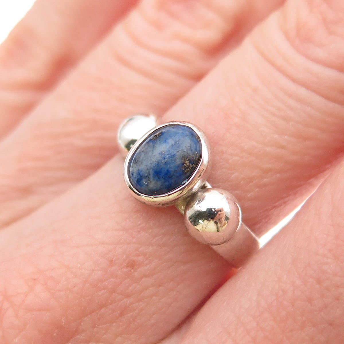 925 Sterling Silver Vintage Real Lapis Modernist Oxidized Ring Size 6.5