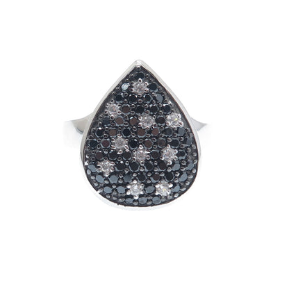 925 Sterling Silver Real Black Spinel Gemstone & C Z Teardrop Ring Size 7