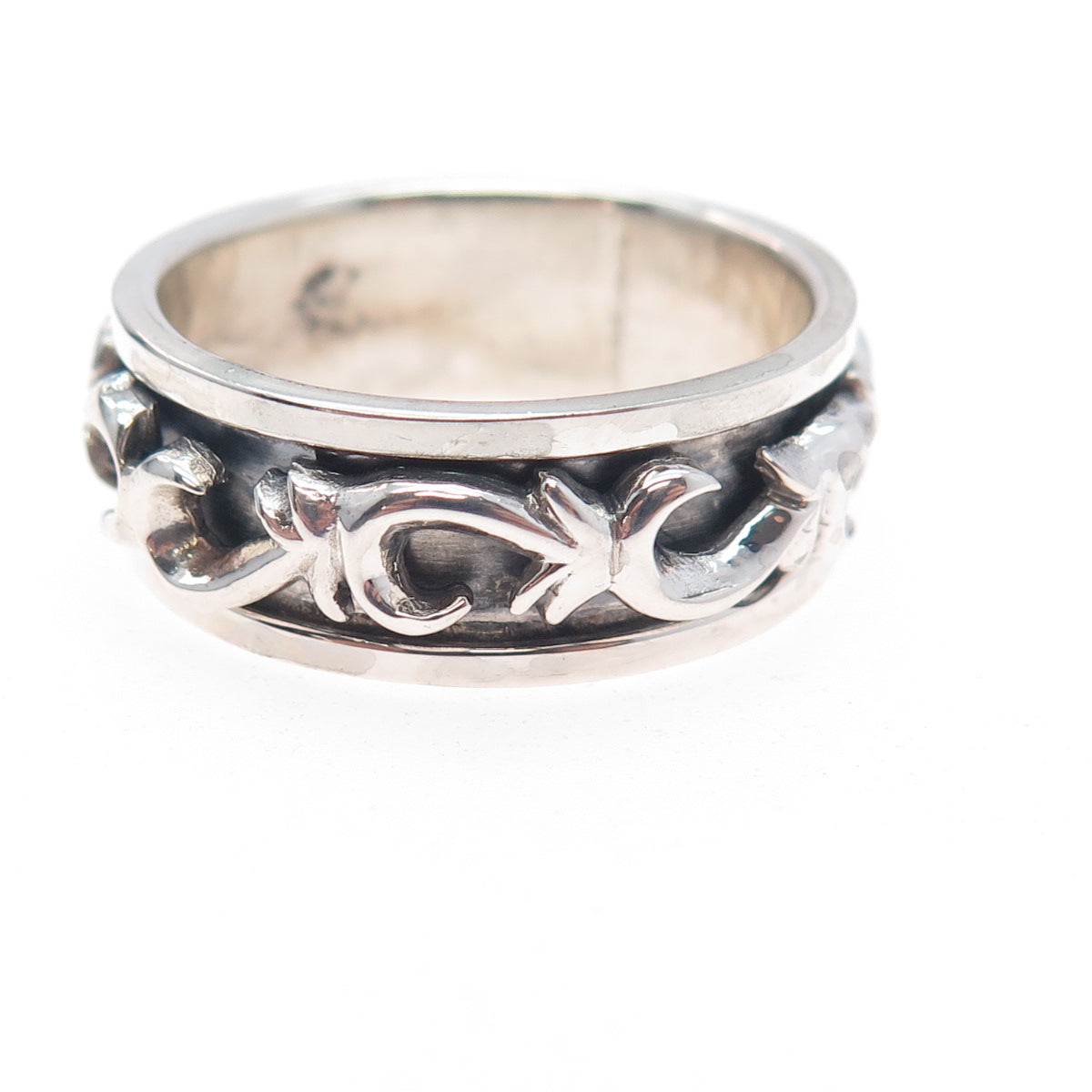 925 Sterling Silver Vintage Modernist Swirl Oxidized Rotating Band Ring Size 13