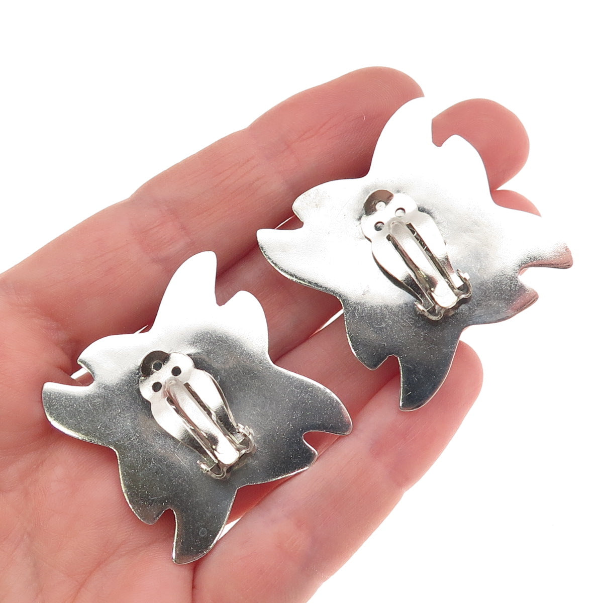 925 Sterling Silver Vintage Mexico Modernist Floral Oxidized Clip On Earrings