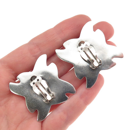 925 Sterling Silver Vintage Mexico Modernist Floral Oxidized Clip On Earrings