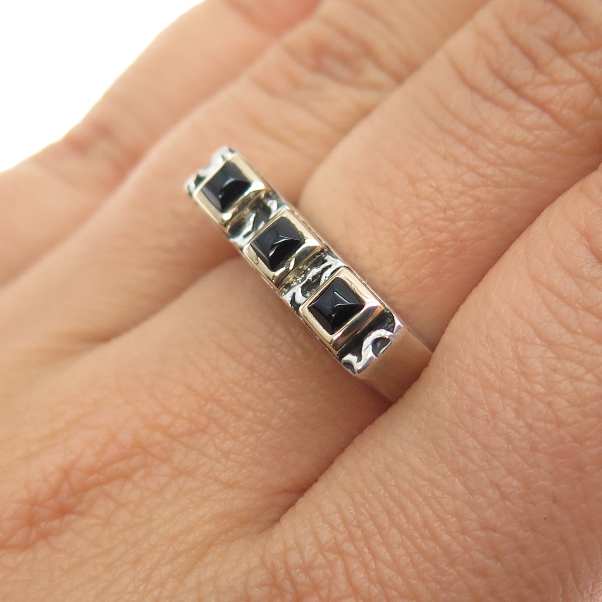 925 Sterling Silver 14K Gold Vintage Real Black Onyx Modernist Ring Size 7