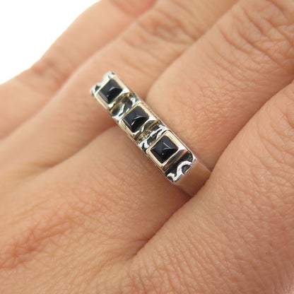 925 Sterling Silver 14K Gold Vintage Real Black Onyx Modernist Ring Size 7
