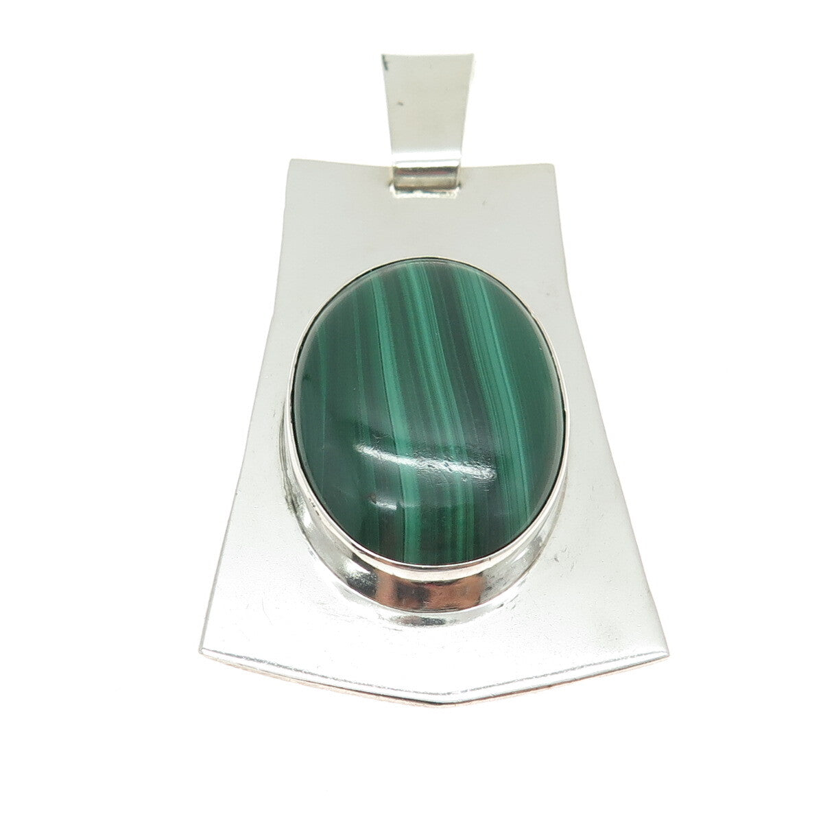 M. KAYE 925 Sterling Silver Vintage Real Cabochon Malachite Modernist Pendant