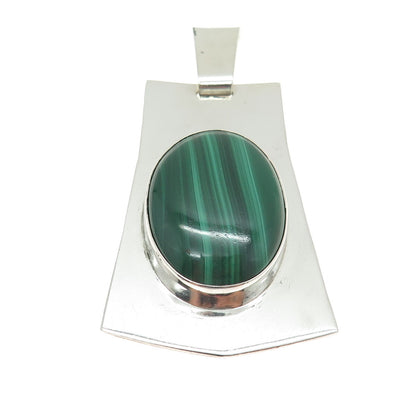 M. KAYE 925 Sterling Silver Vintage Real Cabochon Malachite Modernist Pendant