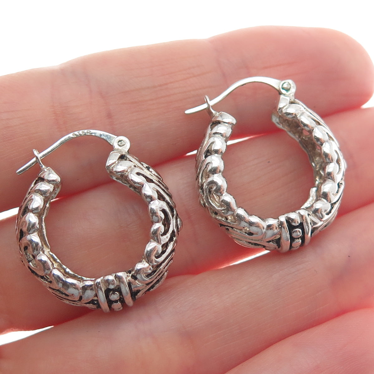 ESPO SIG Joseph Esposito 925 Sterling Vintage Ornate Oxidized Hoop Earrings