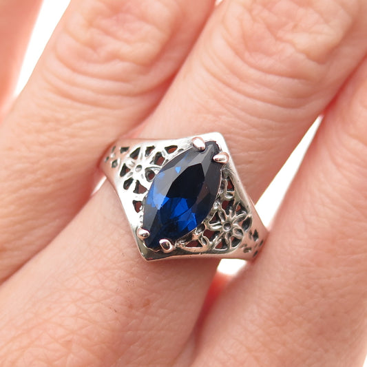 Lind 925 Sterling Silver Vintage Lab-Created Sapphire Floral Ring Size 9.25