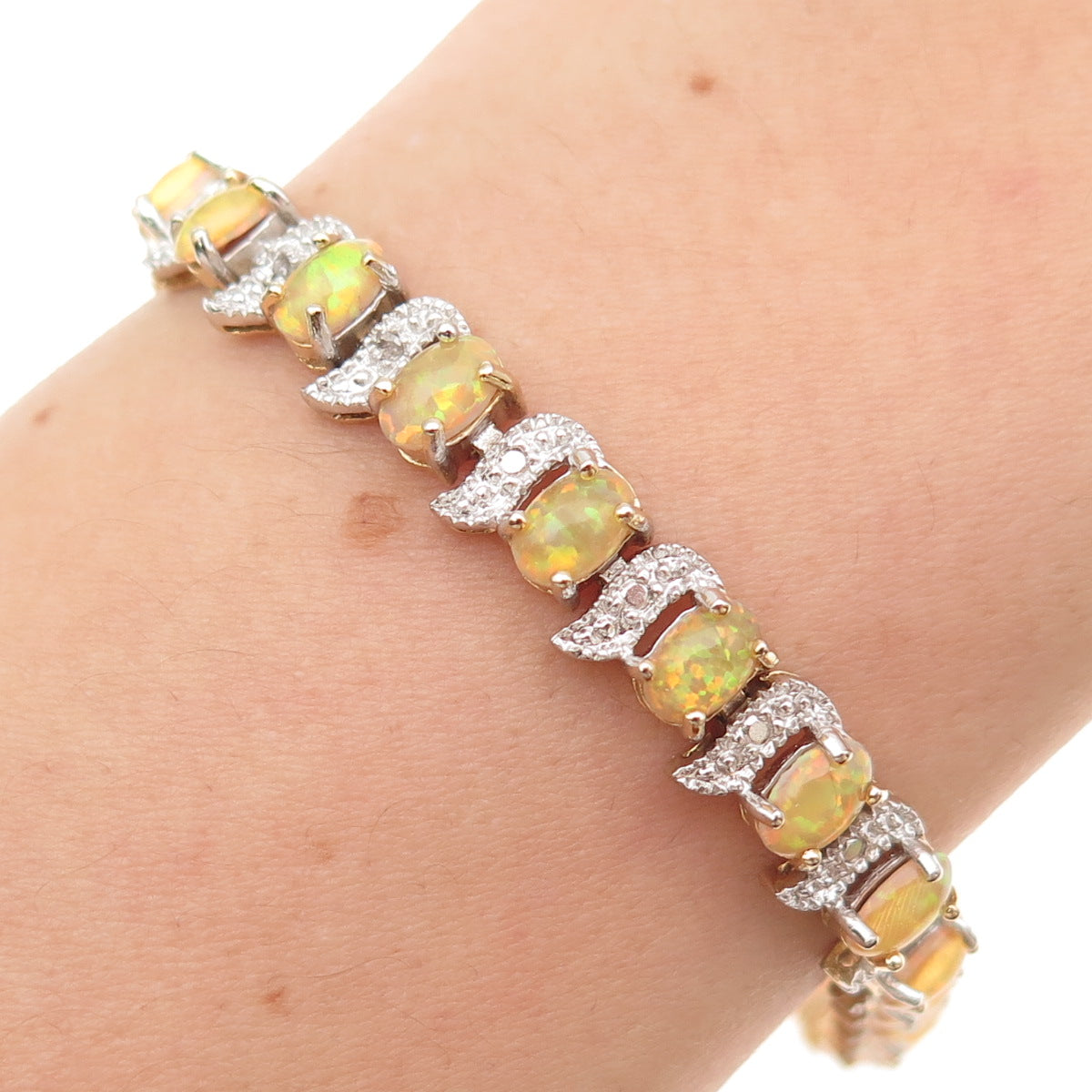 925 Sterling Silver Real Round-Cut Diamond & Cabochon Opal Bracelet 7"