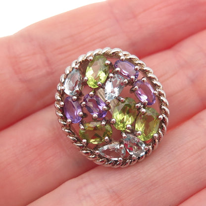 925 Sterling Silver Real Blue Topaz Peridot Amethyst Cluster Slide Mini Pendant