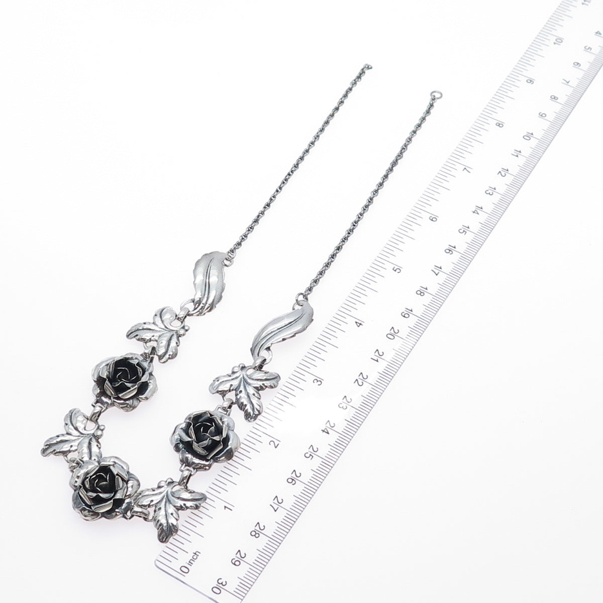 925 Sterling Silver Antique Rose Flower Oxidized Necklace 16" (missing lock)