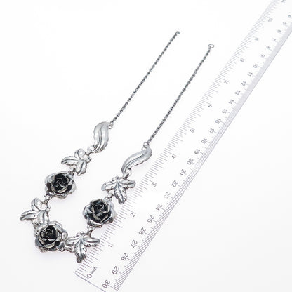 925 Sterling Silver Antique Rose Flower Oxidized Necklace 16" (missing lock)